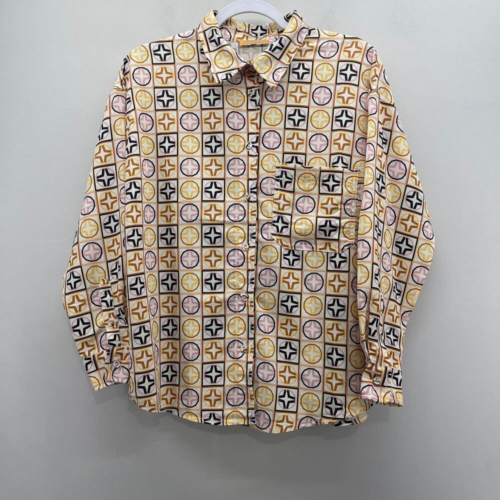 VRG GRL‎ Button Down Top Wms Medium Yellow Geo Print Long Sleeve Retro Funky 70s